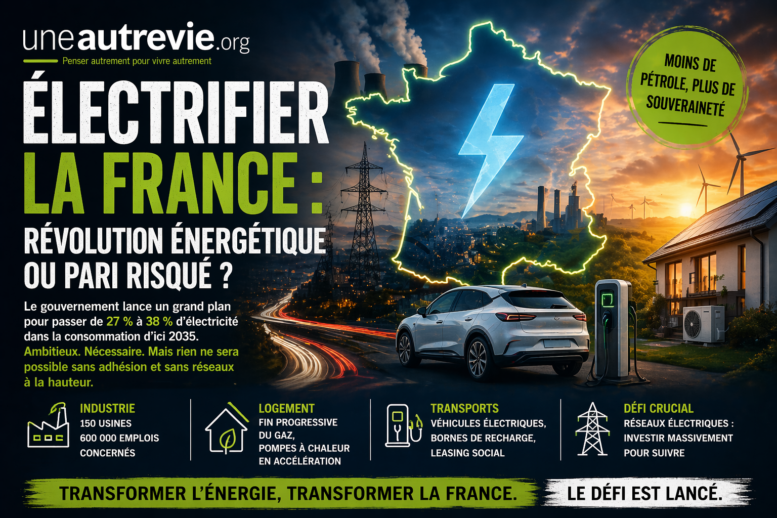 Couverture de style magazine pour uneautrevie.org. Une carte de la France lumineuse en forme d’éclair domine un paysage mêlant centrales électriques, éoliennes et ville moderne.  Au premier plan, une voiture électrique en recharge devant une maison équipée de panneaux solaires.  Le titre indique : « Électrifier la France : révolution énergétique ou pari risqué ? »  L’image illustre la transition vers l’électricité, entre espoir de souveraineté énergétique et défis techniques et sociaux.