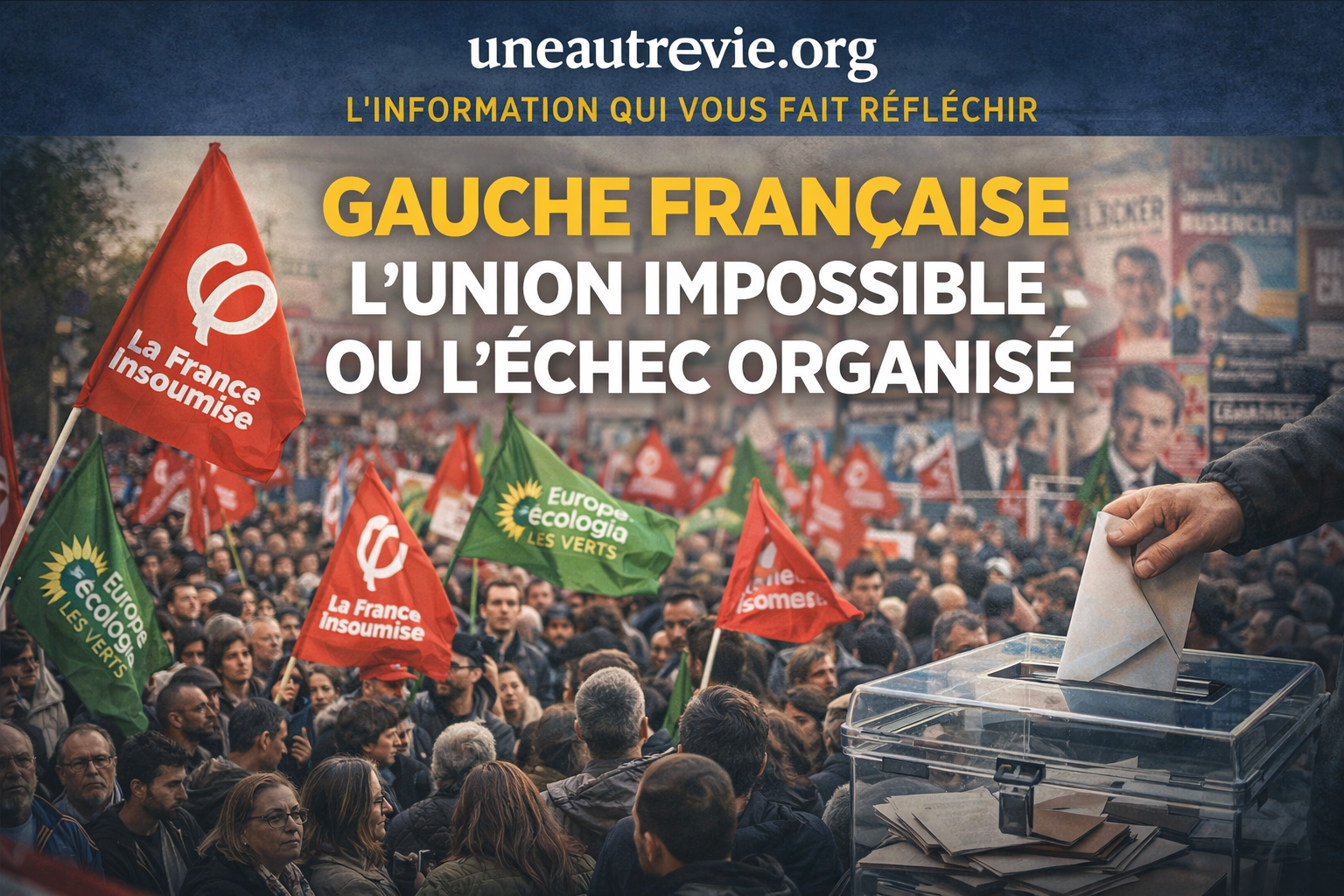 Couverture de style magazine montrant une foule dense lors d’un rassemblement politique en France. Des militants brandissent des drapeaux rouges et verts, symbolisant différents courants de la gauche. En arrière-plan, des affiches de campagne politique sont visibles. Au premier plan, une main glisse un bulletin dans une urne transparente, évoquant une élection. En haut de l’image figure le bandeau « uneautrevie.org – l’information qui vous fait réfléchir ». Au centre, un titre en grandes lettres : « Gauche 
