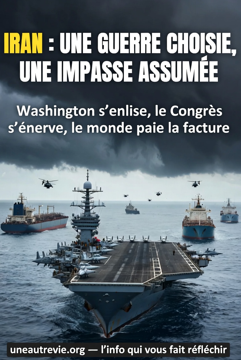 Image montrant une scène géopolitique tendue dans le détroit d’Ormuz : un porte-avions américain escortant des pétroliers sous un ciel sombre, symbolisant une crise internationale liée au conflit entre les États-Unis et l’Iran. L’atmosphère dramatique évoque les tensions militaires, les enjeux énergétiques mondiaux et l’impasse stratégique.