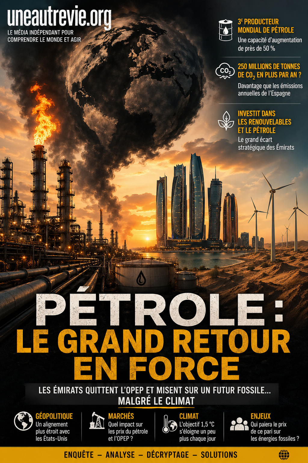 Raffinerie pétrolière en feu dans le désert face à une ville moderne, avec fumée en forme de planète et éoliennes en arrière-plan.