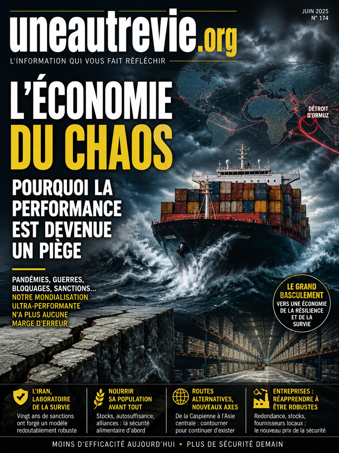 Un cargo chargé de conteneurs affronte une mer déchaînée sous un ciel sombre, symbolisant la fragilité des chaînes logistiques mondiales et la montée d’une économie basée sur la résilience plutôt que la performance.