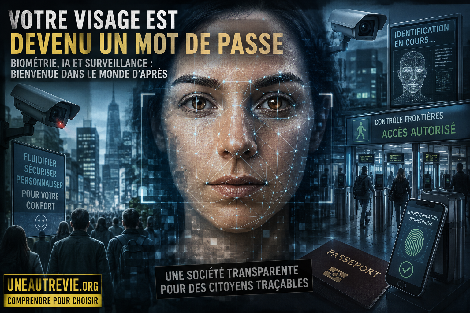Illustration dystopique montrant le visage d’une femme analysé par un système de reconnaissance faciale au centre d’une ville saturée de caméras et d’écrans numériques. Des portiques biométriques, un passeport et un smartphone évoquent la surveillance technologique et la traçabilité des citoyens. L’ambiance sombre et bleutée rappelle un univers de science-fiction devenu réalité.