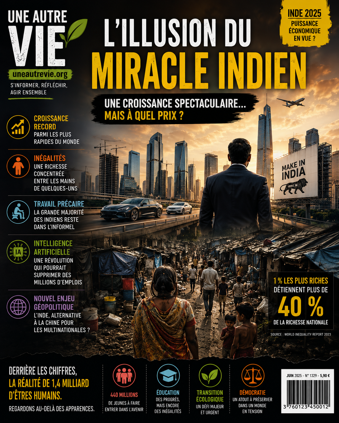 Couverture de magazine montrant le contraste entre les gratte-ciel modernes de l’Inde en pleine croissance et un vaste quartier pauvre au premier plan. Un homme d’affaires observe la ville tandis que des familles vivent dans des conditions précaires. Le visuel illustre les inégalités sociales derrière le « miracle économique » indien. Logo uneautrevie.org en évidence.