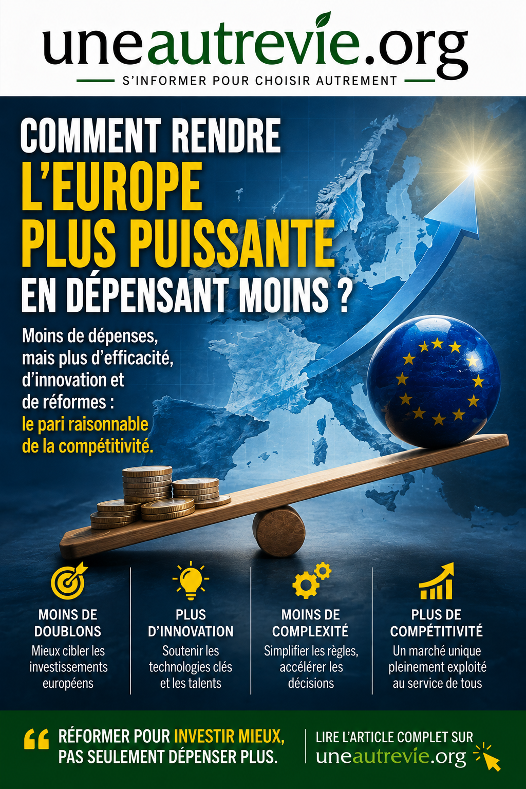 Une carte de l’Europe, une flèche ascendante et une balance entre pièces d’euro et symbole européen illustrent le défi : gagner en puissance grâce à plus d’efficacité, d’innovation et de coordination, plutôt qu’en dépensant toujours davantage.
