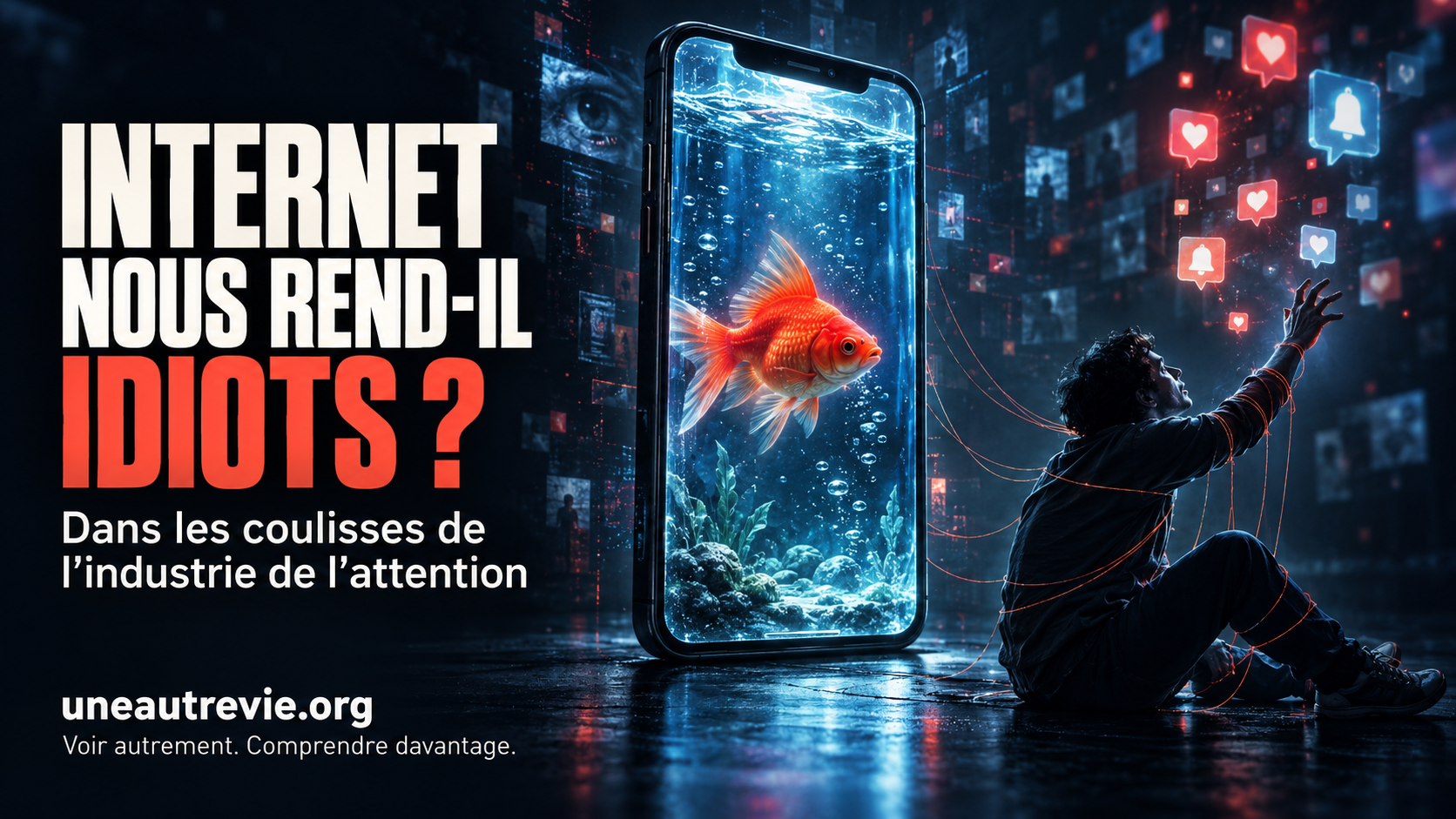 Illustration sombre montrant un homme prisonnier des réseaux sociaux face à un smartphone transformé en aquarium, où nage un poisson rouge. Titre : « Internet nous rend-il idiots ? » avec la signature uneautrevie.org.