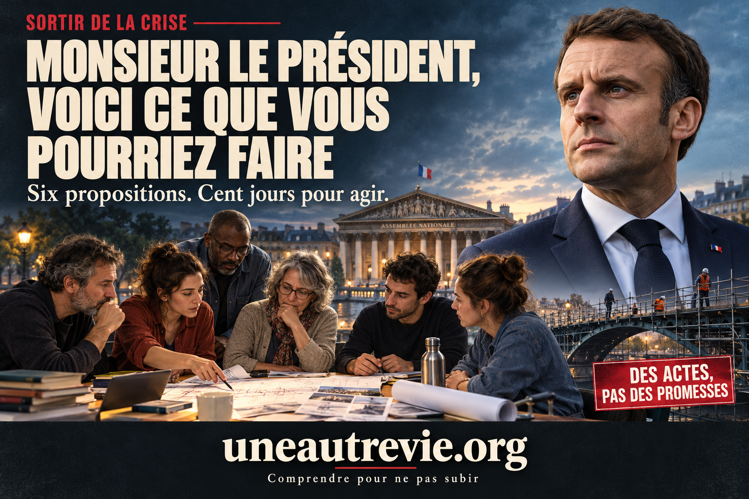 Illustration : Emmanuel Macron surplombe un groupe de citoyens réunis autour d’une table de travail, devant l’Assemblée nationale et un pont en réparation. Titre : « Monsieur le Président, voici ce que vous pourriez faire ». En bas, la signature uneautrevie.org.
