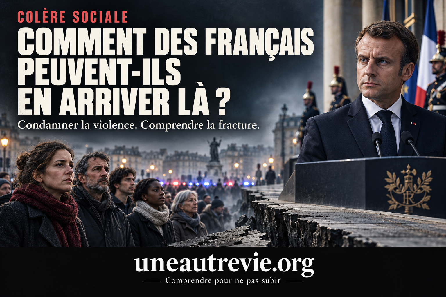 Illustration : une profonde fissure sépare des citoyens inquiets d’Emmanuel Macron à son pupitre. Le titre demande : « Comment des Français peuvent-ils en arriver là ? » En bas figure uneautrevie.org.