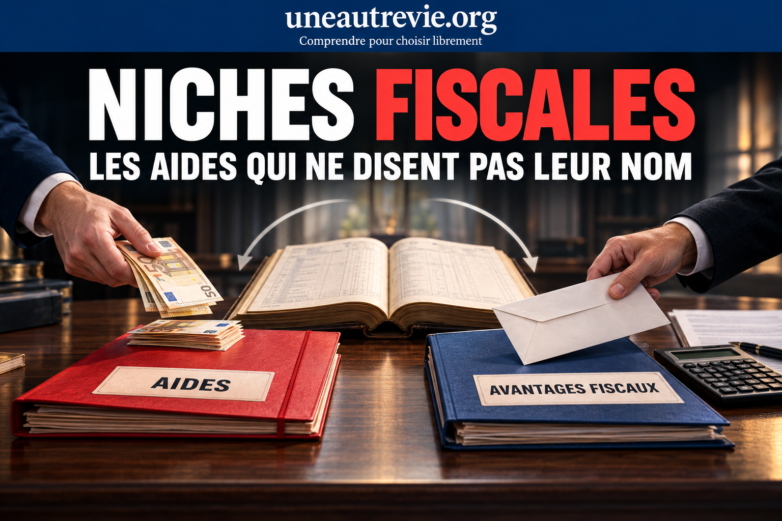  Sur un bureau, un registre comptable relie deux dossiers : « Aides », avec des billets, et « Avantages fiscaux », avec une enveloppe. Le titre indique : « Niches fiscales : les aides qui ne disent pas leur nom ». En haut : uneautrevie.org et « Comprendre pour choisir librement ».